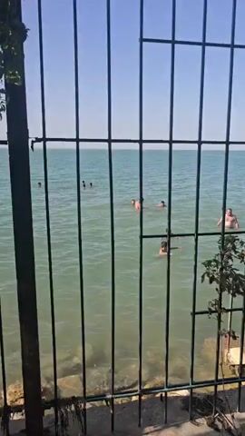 A video taken through a metal fence shows a body of water with several people swimming. The camera then pans to show a paved area with a table and chairs, and two bottles of beer, cigarettes, and a cell phone on the table. A man in a white t-shirt stands near the table, and another man in a white t-shirt and shorts walks away from the camera. In the background, there are more tables and chairs, and some trees. The video ends with a view of a Coca-Cola bottle on the table.