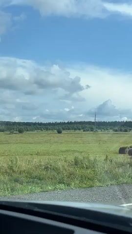 The video captures a view from a moving vehicle on a sunny day with scattered clouds. The scene primarily shows a green grassy field with several large round hay bales scattered across it. A line of trees borders the far end of the field, beyond which a utility pole and faint structures can be seen. The road is visible in the foreground, and the sky is a mix of blue and white clouds. The camera is positioned to capture a wide view of the rural landscape.