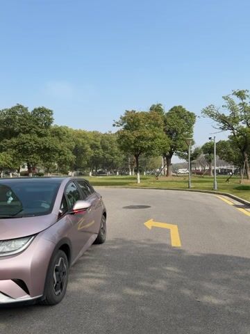 The video shows a mauve colored hatchback car parked on the left side of an asphalt road. A yellow arrow painted on the road indicates a turn to the left. The road is lined with yellow painted edges. Beyond the road is a grassy area with trees. The sky is blue with no clouds. There are lamp posts in the background. Other cars are parked further down the road.