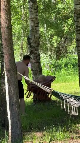 A topless man in black shorts walks from the left to the right side of the frame, disappearing behind a tree. To the right of him, a baby sits in a hanging chair that sways back and forth. A green and white hammock is suspended between a tree on the left and a tree on the right, passing in front of the baby's swing. The scene takes place in a sun-dappled forest with lush green grass and trees with white bark.