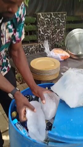 Here's a description of the video:

A man is shown outdoors, filling a blue plastic barrel with ice and beverages. He’s wearing a patterned shirt, black pants, and a wristwatch. The barrel is filled with water bottles, cans, and ice.  He is holding a large chunk of ice in both hands, preparing to put it in the barrel. Next to the barrel, on a dark-colored table, are stacks of gold-colored plates, metal serving trays, and plastic bags. The background features a decorative wall and greenery. The lighting is bright, suggesting it's daytime.