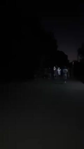 A group of people, mostly obscured in the low light of what appears to be dusk or night, are standing on a paved area.  They are clustered together, and some seem to be moving slightly.  There are dark trees in the background and the sky is a dim gradient of dark to slightly less dark, suggesting a time just after sunset.  The subjects seem to be wearing light-colored clothing.  There is little to no illumination.