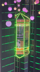 Neon-lit cylindrical elevator filmed in Moscow shaft