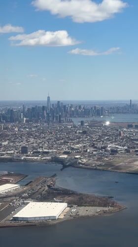 Aerial view captures NYC skyline with Freedom Tower