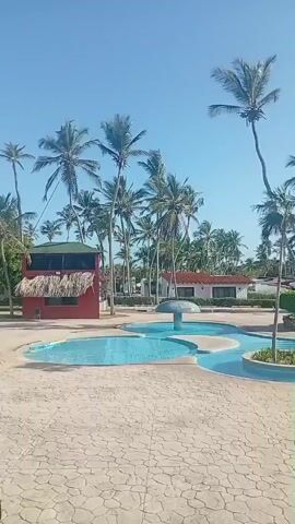 The video shows a swimming pool area at what appears to be a tropical resort. The pool has an irregular shape and light blue water, with islands of stone and greenery within it. The pool deck is paved with light-colored stone. Palm trees are scattered throughout the area, and there are thatched-roof umbrellas providing shade.  A red building with a thatched roof is visible near the pool.  The sky is bright blue. There are no people in the immediate foreground of the video. The camera pans slowly across the scene. Music plays in the background.