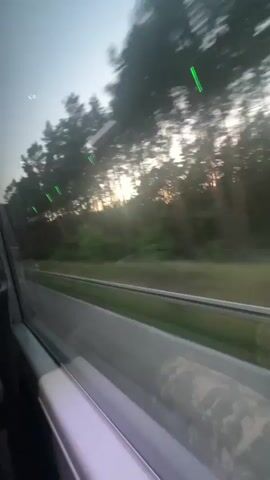 The video shows a blurred view from a moving vehicle's window. Trees and some distant structures are visible outside. The sky appears to be overcast or at dusk. There are reflections on the window, and the motion blur suggests the vehicle is traveling at a significant speed.