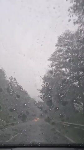 The video shows a view through a car windshield during rainfall. Raindrops are visible on the glass, distorting the view. The car is on a road, with trees lining both sides. Other vehicles with their headlights on can be seen in the distance, driving on the wet road. The sky is overcast and grey.