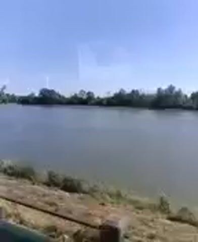 The video begins with a wide shot of a calm body of water. The water appears to be a lake or a river, with trees lining the opposite bank. The sky is clear and blue, suggesting a sunny day. In the foreground, there is a bank with some dry vegetation and what appears to be a man-made structure, possibly a dock or a retaining wall. The camera pans slowly to the right, revealing more of the water and the tree line. A small white object, possibly a bird or a piece of debris, is visible on the water's surface. The camera continues to pan, eventually showing a blurry image of greenery on the right side of the frame. The video is shot in low resolution, making it difficult to discern finer details.