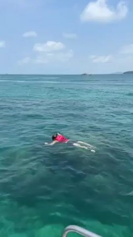 Here's a description of the video:

The video shows a person snorkeling in the ocean. The individual is wearing a red life vest, a snorkeling mask, and dark-colored swimwear. They are floating face-down in clear, turquoise water, kicking their legs to move forward. The surface of the water is slightly rippled. In the distance, a small boat can be seen on the horizon. The sky is blue with some scattered white clouds. A portion of a boat railing is visible in the lower left corner of the frame, indicating the video is likely taken from a boat.