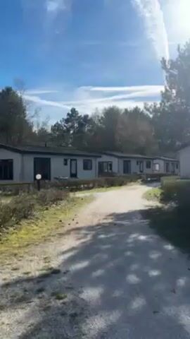 A static shot shows a row of small, one-story, gray buildings, presumably vacation homes, lined up along a dirt road. The structures have dark trim around their windows and doors. Low hedges separate them from the road. Trees are visible in the background, and the sky is a clear blue with some scattered white clouds. Sunlight shines from the right, casting shadows on the road and buildings. There is no discernible human activity or interaction taking place in the scene.
