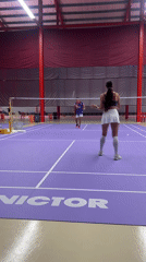 Indoor badminton session on a purple court, multiple angles