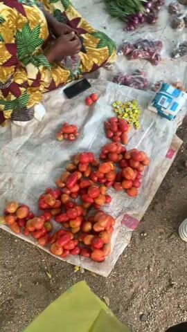 The video shows a close-up, top-down view of a market stall, likely outdoors, with a focus on a large pile of red, plum-shaped tomatoes spread on a white tarp. To the upper left, a person wearing a colorful patterned garment is partially visible, their hands engaged with something out of frame. Adjacent to the tomatoes, a small pile of yellow square objects, possibly seasoning cubes, is present. In the background, other market goods are visible, including what appears to be raw meat in plastic packaging and red onions. The ground surrounding the stall is sandy and dusty. A person's legs and feet, wearing black pants and blue sandals, are visible in the foreground, holding a bright yellow plastic bag. The camera's perspective is slightly shaky, suggesting it's being held or is on a mobile surface.