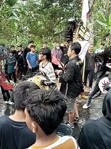 The video captures an outdoor event likely in a rural setting, possibly a performance or a ceremony. A group of people, predominantly young males, are gathered around a central area. Some are dressed in traditional attire, including elaborate horse costumes, suggesting a cultural performance such as Kuda Lumping. One individual is actively manipulating a horse costume, its head adorned with black mane and intricate designs. Another person stands nearby, holding a flag pole with a red and white Indonesian flag. The ground appears wet and muddy, with a bucket visible. Spectators, including children and adults, are observing the proceedings from the periphery. The environment is characterized by lush green foliage, trees, and what appears to be a traditional dwelling in the background. The overall atmosphere suggests a community gathering or celebration.