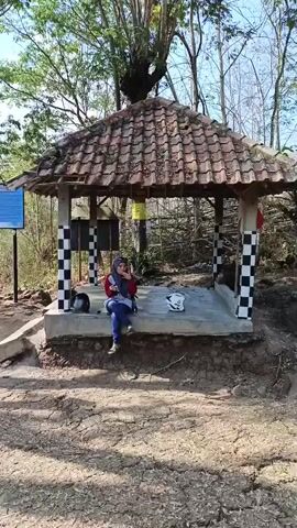 The video begins with a medium shot of a woman sitting on a bench in a small, open-air shelter. The shelter has a tiled roof and a concrete floor, supported by pillars with a black and white checkered pattern. Two helmets are placed on the floor of the shelter. The woman is wearing a hijab and a blue and red outfit. The shelter is surrounded by trees and dry, cracked earth. The camera then pans to the right, showing a narrow path leading away from the shelter. A person in a dark checkered shirt and black pants is walking away from the camera down this path. The camera continues to pan, revealing a rocky, uneven terrain with sparse vegetation. It then focuses on a large, dark rock face with a rectangular opening carved into it, resembling a cave or a niche. The ground in front of the rock is also dry and cracked. The video ends with a close-up of the rock opening.