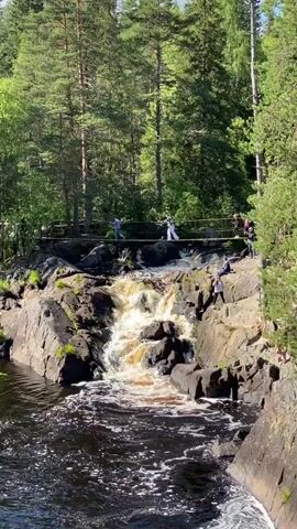 A video shows a picturesque waterfall cascading down rocky terrain, surrounded by a lush green forest with tall pine trees. A wooden bridge spans across the area above the waterfall, with several people on it and along the rocky edges. Some individuals are walking on the bridge, while others are seated or standing on the rocks, observing the waterfall. The water is dark and frothy as it tumbles over the rocks, creating a dynamic natural scene. The sunlight casts shadows and highlights, indicating a bright day.