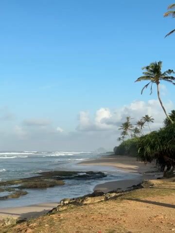 This is a landscape video of a tropical beach. The scene shows a clear blue sky with scattered white clouds. The ocean is visible on the left side of the frame, with waves gently rolling onto a sandy beach. There are some rocks in the shallow water near the shore. Palm trees and lush green vegetation line the edge of the beach, with a few palm trees extending into the frame from the right. The ground in the foreground is sandy and dry. The video appears to be a static shot with no visible movement within the frame other than the natural motion of the waves and clouds.