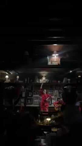 The video shows a flamenco dancer performing on a raised platform in a dimly lit bar. The dancer, wearing a red dress, executes traditional flamenco moves while accompanied by a guitarist. The bar's decor includes numerous framed photos on the walls and a variety of artifacts such as bull horns. An audience is seated at tables in the foreground, watching the performance. The lighting is focused on the stage, highlighting the performers.