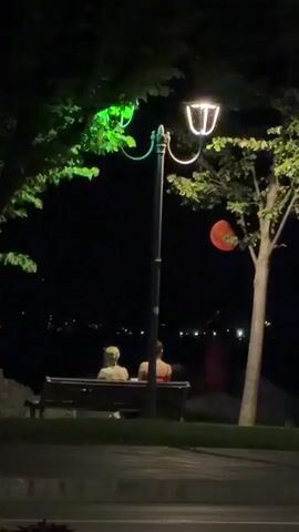 The video captures a nighttime scene with a streetlamp, trees, and a bench. Two individuals, their backs to the camera, are seated on the bench. To the right of the bench, a person walks by holding a string of lights. The environment appears to be outdoors, possibly a park or promenade, with a body of water visible in the distance. The sky is dark, with a large, orange circular object resembling a moon or lantern suspended in the air.