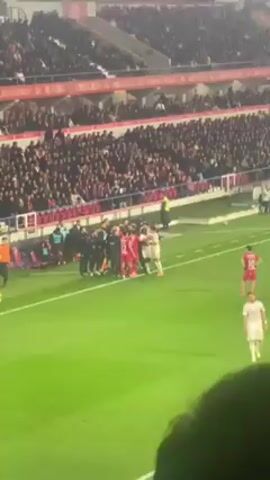 The video shows a heated argument between soccer players on a green field.  A group of players in red jerseys are huddled together, arguing with a group of players in white jerseys.  A referee stands in the middle, attempting to separate the players.  Coaches and team staff are also present near the huddle.  The scene takes place near the sideline of a soccer field, in front of stands packed with spectators.