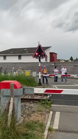 The video shows a level railroad crossing with a closed gate in front of a group of pedestrians, and an approaching train. The sky is overcast. There are people waiting on both sides of the crossing for the train to pass. The crossing signal has two red lights flashing. The train is white with a red stripe on top and has the text "Emmen" on the front. On the side, the train displays the logo of the Swiss Federal Railways (SBB CFF FFS). The background shows houses and vegetation. The camera is static.