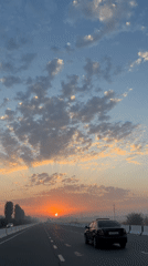 Early morning highway drive through Uzbekistan at sunrise
