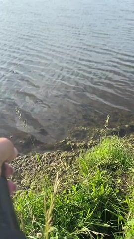A first-person perspective video shows a hand holding a fishing rod, casting it into a body of water. The water is rippling, and there is green grass along the edge of the shore. The sky is partly cloudy.