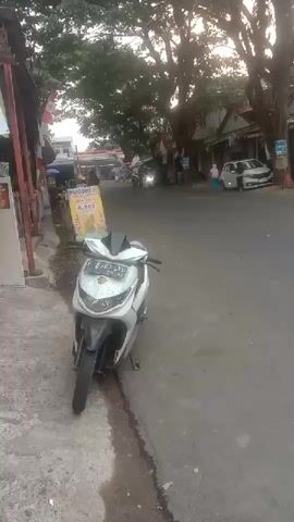 A white scooter is parked on the side of a street. A yellow sign with text and an image of fruit is next to it. A building with a storefront is visible behind the scooter. The street is paved and there are trees and buildings along the side of the road. The sky is visible through the trees.