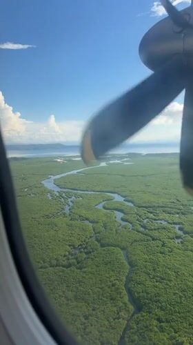 Small plane flies over green landscape in Del Carmen