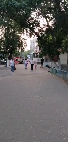 This video shows a street scene in Pavlodar, Kazakhstan. The time of day appears to be late afternoon or early evening, with the sun casting long shadows and creating a warm, soft light. The weather seems pleasant, as several people are out and about.

The setting is a paved walkway lined with trees on both sides, their branches creating a natural canopy overhead. On the right side of the walkway, there are buildings that appear to be shops or small businesses, with white walls and dark trim. A light blue railing runs along the front of these buildings. On the left side, more trees are visible, as well as what looks like a bus or van parked.

Several people are walking along the path. In the foreground, a woman in a white top and blue jeans walks away from the camera, carrying a dark bag. Further down the path, a group of people are walking towards the camera. This group includes a woman in a white top, a child in a pink dress, and another woman. To the right of this group, a man in a dark shirt and shorts is walking away from the camera.

In the background, there are more people and what appear to be market stalls or small food vendors. The buildings in the distance suggest a more urban environment. The overall atmosphere is relaxed and casual, with people enjoying an evening stroll.

A sign visible on one of the stalls on the left reads "ФРУКТЫ" which translates to "FRUITS" in Russian, indicating a possible fruit vendor.