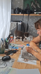 Ink drawing session in Kempelevo, with a kitten in the way