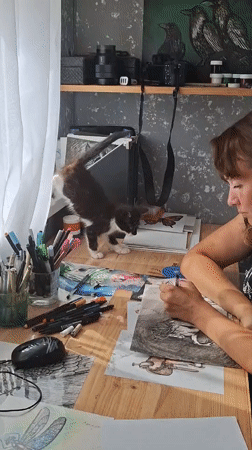 Ink drawing session in Kempelevo, with a kitten in the way