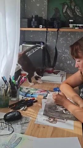 A woman is drawing at a wooden desk. A small kitten is walking across the desk. The scene is indoors, with a window covered by a sheer white curtain on the left. The desk is covered in art supplies, including pens, markers, and a mouse. The woman is focused on her drawing, which appears to be an intricate sketch. On a shelf above the desk, there are cameras, lenses, and art. A painting of crows hangs on the wall. The lighting suggests daytime.