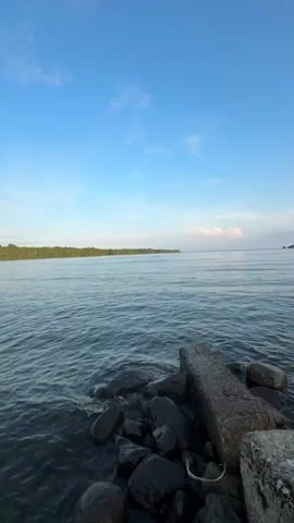 A vertical video captures a serene natural landscape. The foreground is dominated by a body of water, its surface rippled and dark blue, reflecting the sky. Along the right edge of the frame, a cluster of dark, irregularly shaped rocks and a large, weathered concrete block are visible, some partially submerged in the water. Beyond the rocks and water, a distant shoreline stretches horizontally across the middle ground, densely covered with green trees. The background is a vast expanse of clear blue sky, with a few thin, wispy white clouds scattered across it. The overall impression is one of calm and natural beauty.