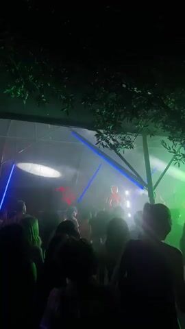 A group of people are gathered in a dimly lit outdoor space, possibly a venue or a festival. The scene is illuminated by vibrant stage lighting, with beams of green, blue, and pink light cutting through the haze or fog. In the background, on a raised stage, a performer or performers are visible, their figures silhouetted or partially illuminated by the lights. Some members of the audience are facing the stage, while others are turned away, their backs to the camera. The foliage of trees hangs from above, casting shadows and adding to the atmospheric effect of the lighting. The overall impression is that of a lively event, likely a concert or performance, taking place at night.