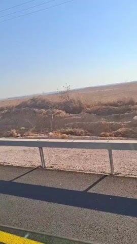 The video shows a landscape from the perspective of a moving vehicle. A highway guardrail is visible in the foreground, with a paved road and yellow lane markings. Beyond the guardrail, there is dry, brownish vegetation and sparse trees. In the distance, a wide, flat expanse stretches under a clear blue sky, with a few distant power lines visible. The scene appears to be a rural or desert environment. The video captures different segments of this landscape as the vehicle moves. At one point, the side of a green and black Volvo bus is visible.