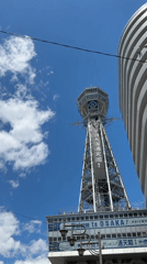 Tsutenkaku Tower observed with Japanese banner in early morning