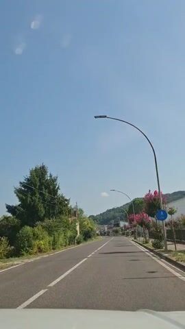 This is a first-person perspective video of someone driving down a road. The sky is clear and blue with some wispy clouds. There are streetlights on both sides of the road, with one prominently in the foreground. Trees and vegetation line the sides of the road, with some buildings visible in the distance. The road has a white line dividing the lanes. The sun is shining, casting shadows on the road. There are no other vehicles or people visible in the immediate vicinity.
