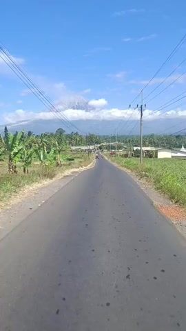 A drone perspective shot of a paved road with a slight curve leading into the distance, flanked by dry grass, small trees and banana plants on the left, and green fields, more trees, and some buildings on the right. Overhead power lines run parallel to the road. In the far distance, a large mountain is visible, possibly a volcano, with a plume of smoke or clouds rising from its peak. The sky is clear and blue with a few white clouds. There are a few indistinct figures on motorcycles or bicycles on the road ahead.
