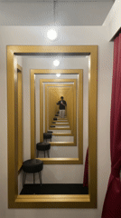 Selfie taken in scratched mirror reflects Barcelona street scene