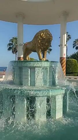 The video opens with a shot of a fountain with a lion statue on top. Water flows over the tiered fountain, creating a cascading effect. Palm trees are visible in the background, as well as a clear blue sky. The camera then pans upward, showing the underside of a white, circular structure with ornate columns and an open roof, revealing more of the sky. The video then focuses on the sky through the opening of the structure, with the lion statue and fountain visible below. The final shots continue to show the sky and the architectural elements of the structure, with the lion statue and fountain receding into the background.