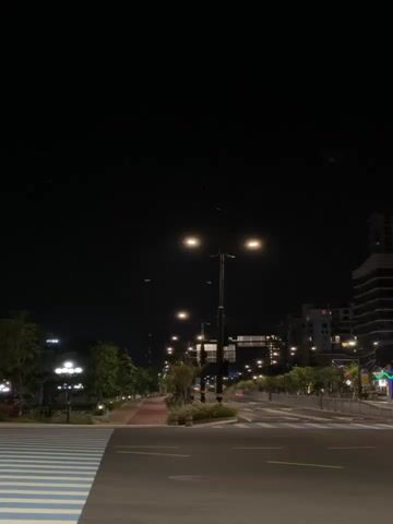 The video shows a nighttime street scene. A road with a zebra crossing is visible, lined with streetlights. There is a red paved path alongside the road, with trees and benches present. Buildings can be seen in the background. Initially, there is a dramatic dark cloud formation with visible lightning. The lightning flashes disappear, and the clouds remain dark.
