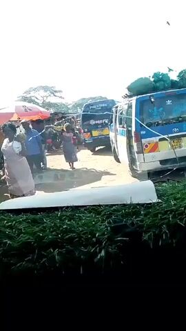 The video shows a view from inside a car at a busy outdoor market, likely in Kenya.  Several people, mostly women wearing aprons and carrying trays of what appear to be bananas, are visible. There are also other people standing around, including a man in a blue shirt. Behind the people are two Toyota vans, one with the word "PRESTIGE" on it, parked near the market.  The view is partially obstructed by green foliage in the foreground, likely a decorative feature inside the car.  The scene is bright, and the light is diffused.