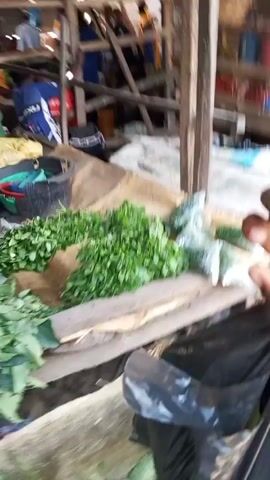 The video shows the interior of a simple market stall, likely in an outdoor setting. In the foreground, there is a pile of fresh green vegetables, seemingly leafy greens or herbs. The stall itself is constructed with wooden beams and posts, and has a corrugated metal or similarly rustic roof with holes that let in light. The stall is stocked with various items, including what appear to be buckets or containers, possibly containing food or other goods. There are people visible further back in the stall area, though they are somewhat obscured by the structure. The overall impression is of a modest, somewhat cluttered market stall environment. The camera pans and is shaky.