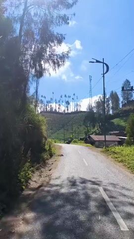 The video shows a paved road curving upwards on a hillside under a bright blue sky with scattered clouds. Tall, thin trees with sparse foliage line the left side of the road, with a steep, vegetated slope behind them. On the right side of the road, a small building with a brown roof is visible, nestled amongst more trees. In the distance, the hillside is covered with more trees, many of them appearing tall and slender, and there are two communication towers. The sun is shining brightly, casting shadows and creating lens flare in the footage. The road itself is gray asphalt with a white line marking the edge. The overall impression is of a rural, mountainous landscape on a clear day.