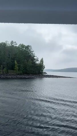 A video shows a view of a body of water with a rocky shore and trees on the left. In the distance, there is a cruise ship. The sky is overcast and the water is choppy.