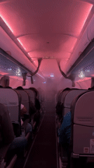 Pink-lit airplane cabin aisle, first-person view near New Delhi