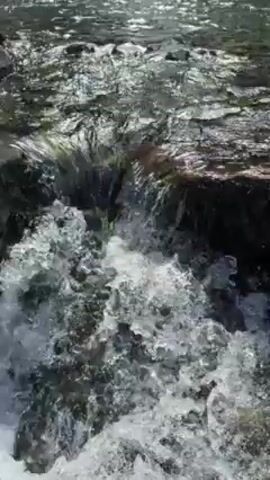 The video shows a small waterfall cascading down a rocky slope into a clear pool of water. The water is turbulent and frothy at the base of the falls, creating a misty spray. The surrounding environment appears to be lush with greenery and natural light. No people are visible in the video.