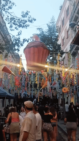 Barcelona street dressed up in giant paper dessert decorations