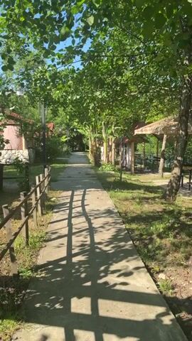 A paved walkway is lined with a wooden fence on the left and trees on the right. The walkway leads into the distance, where there are small buildings and covered outdoor seating areas. Sunlight filters through the leaves of the trees, casting shadows on the walkway. The environment appears to be a park or a resort.
