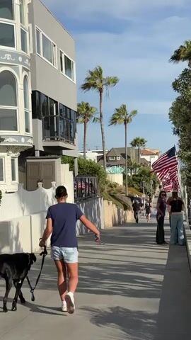 A person walks a black dog on a leash along a paved sidewalk. The person is wearing a dark t-shirt, denim shorts, and white sneakers. The dog is larger than a medium-sized breed. Behind the person and dog, several American flags are visible, mounted on poles and fluttering in the wind. A few other people are walking in the distance. The environment appears to be a coastal area with palm trees and modern multi-story buildings visible to the left. The sky is blue with scattered clouds, and the sun is casting shadows on the sidewalk.